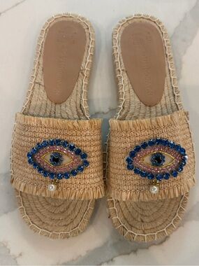 South beach brand Beige Raffia Slide Sandals with Blue Gem Embellishment Evileye
